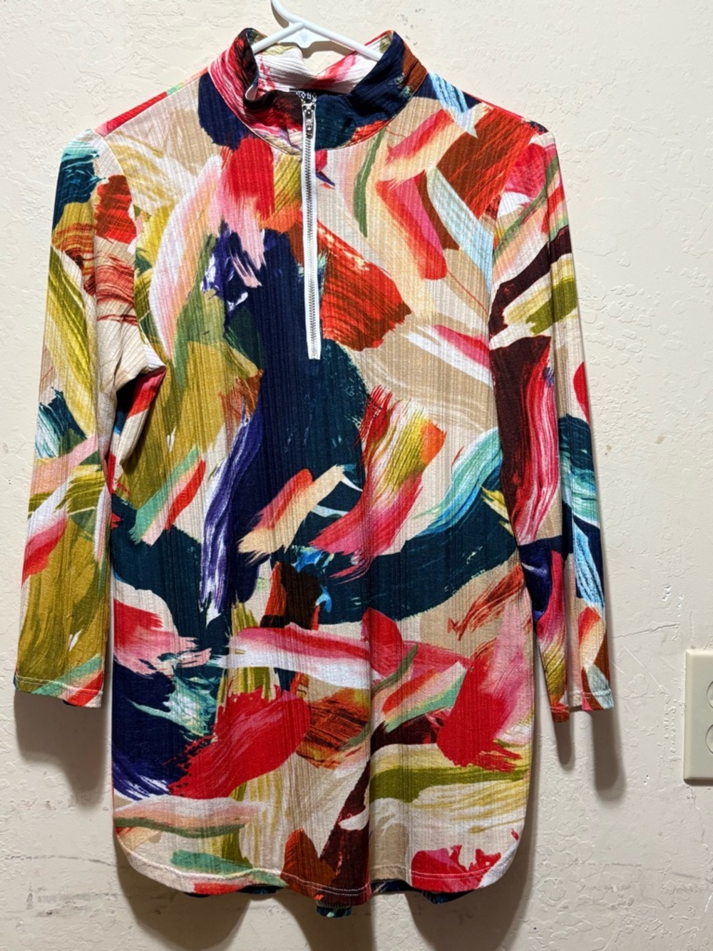 Brushstroke Print Mock Neck Zip Blouse - Multicolor